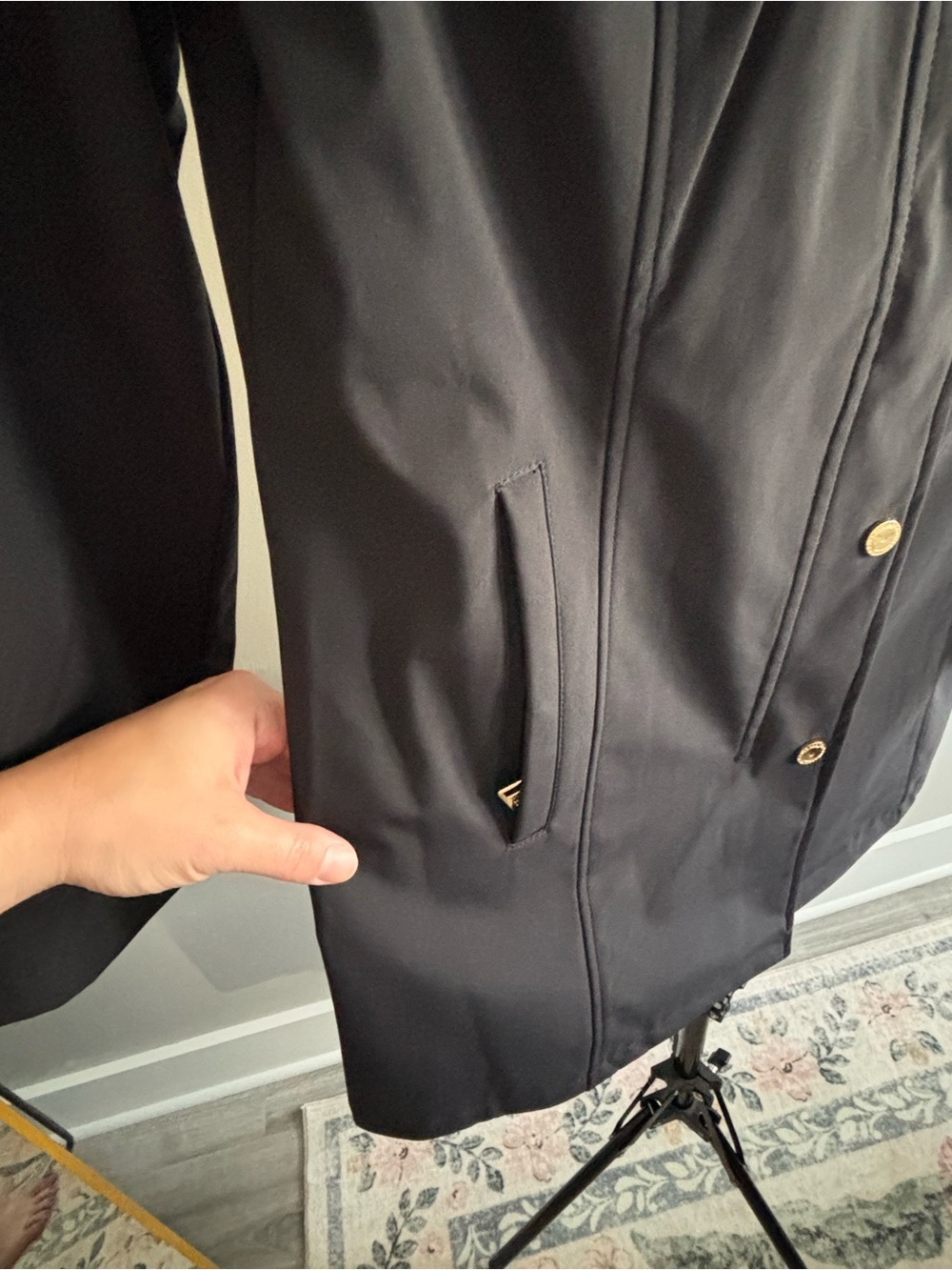 Jones New York Black Trench Coat with Brown Corduroy Collar - Picture 4 of 9